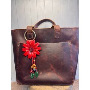 Red Dahlia Purse Charm Genuine Leather Flower Red Bag Charm NEW FAST SHIP